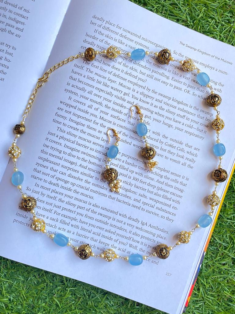 Kundan Ball Jade Stone Antique Mala Necklace with Earring set