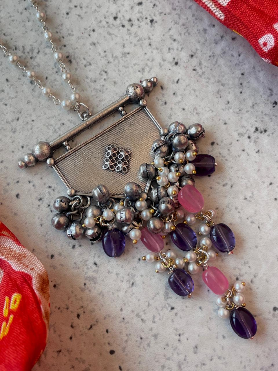 Oxidized Pendant Beaded Chain Necklace