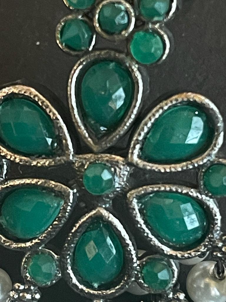 Oxidized Black Polish Brass Choker with Earring set with Heavy stone and beads work