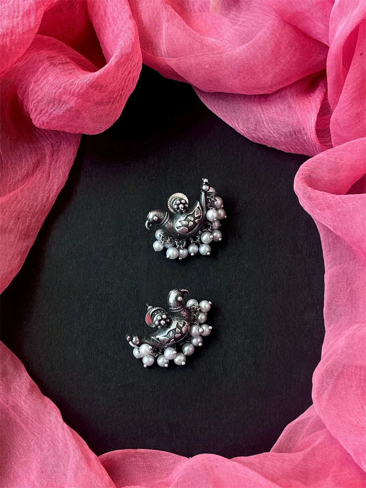 Oxidized Bird Shape Beaded Earring