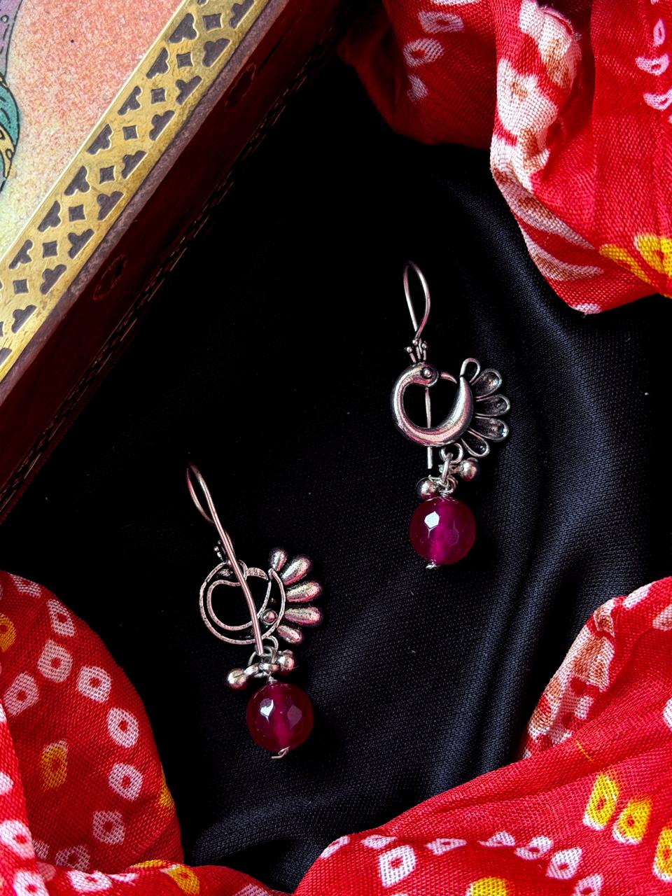 Stone Beaded Silver Replica Peacock Earring