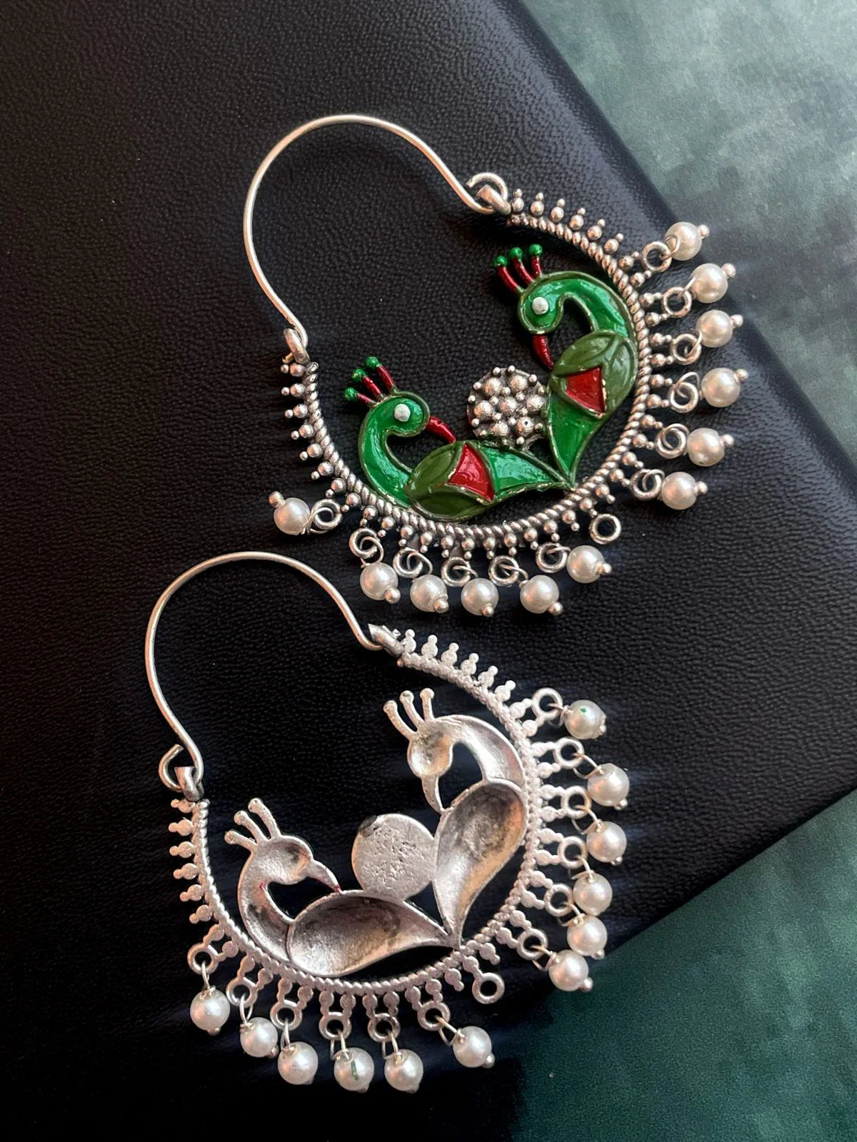 Peacock shape Hoop Oxidized Hand Painted Beaded Earring
