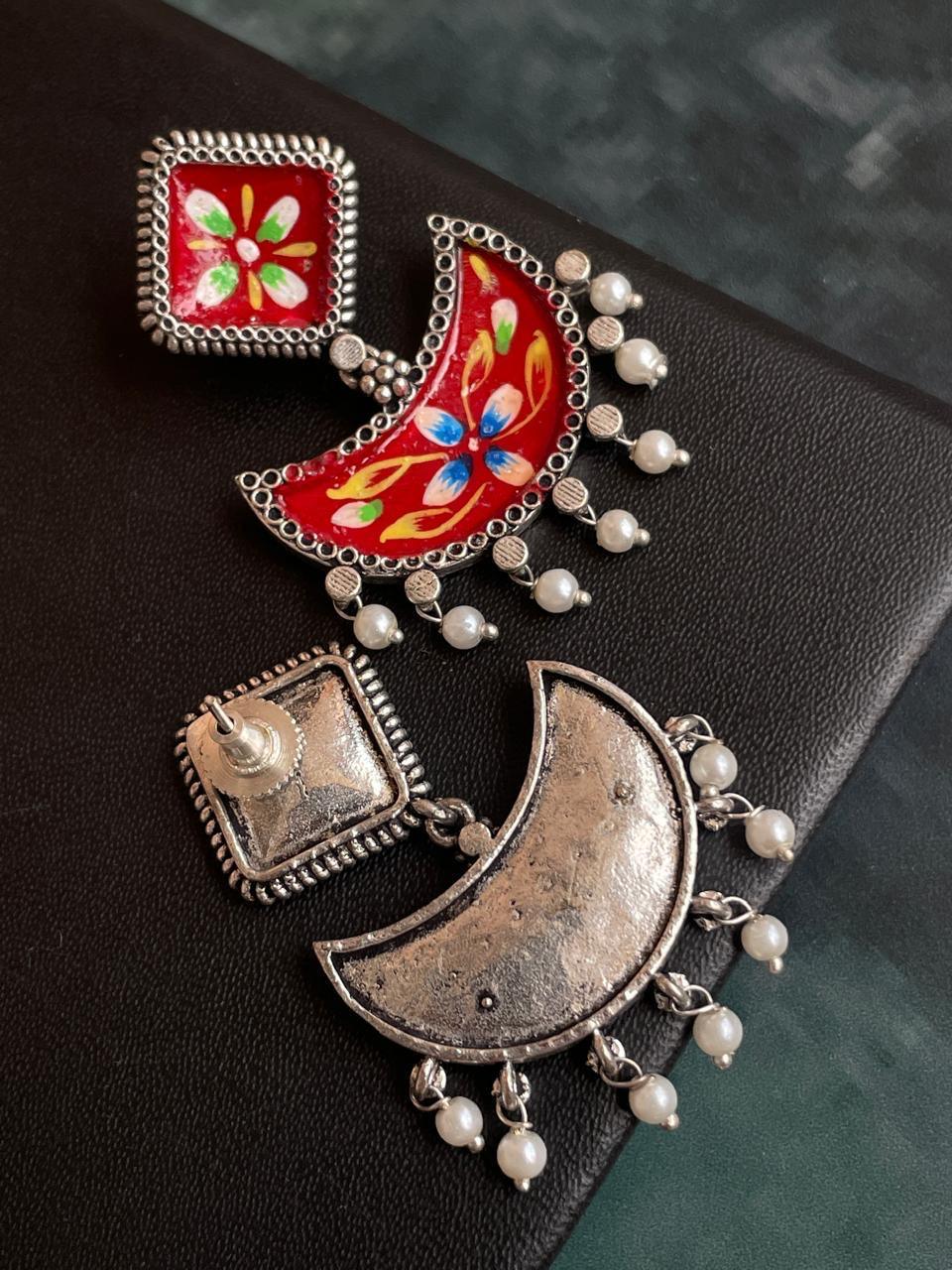 Hand Painted Ethnic Oxidized Chandbali Earring