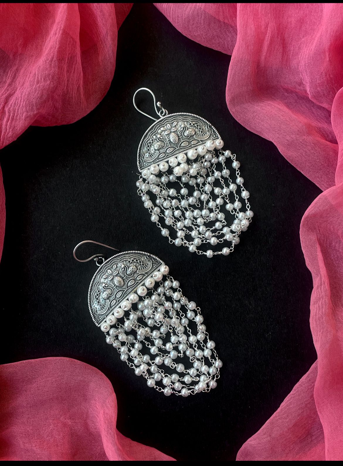 Silver Replica Seventeen Layered Beaded Necklace with Earring set