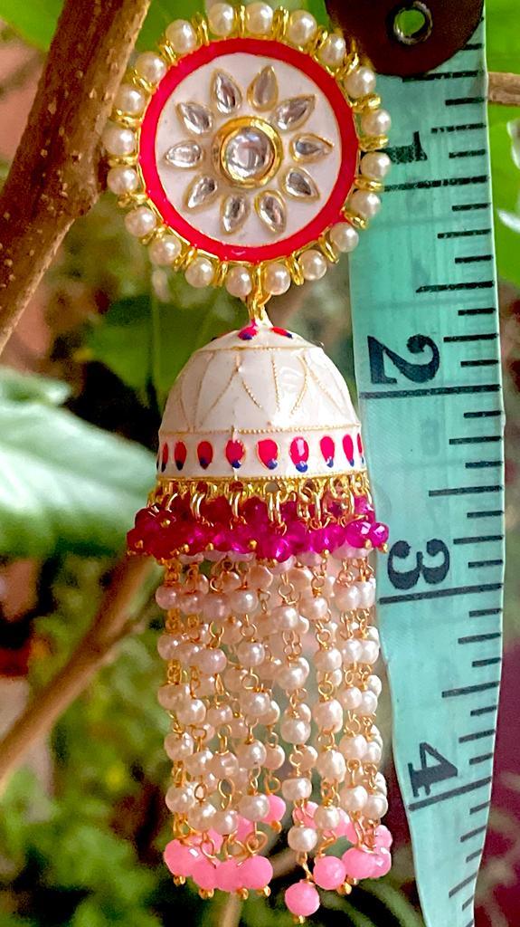 Meenakari Big size Dome Shape Jhumka with Flower top and latkan of beads