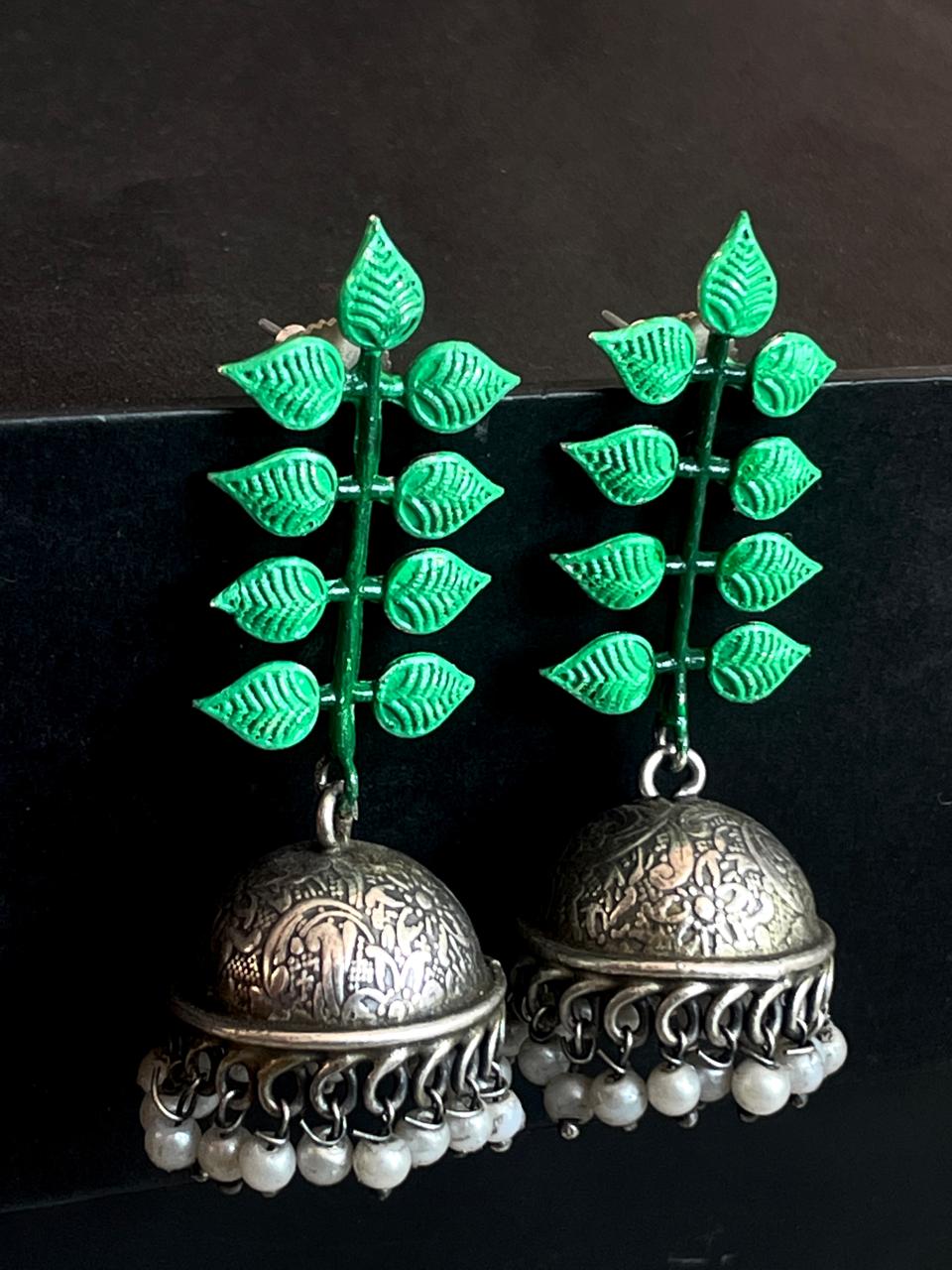 Hand Painted Multi Leaf Top with Black Polish Antique Look Jhumka Earring