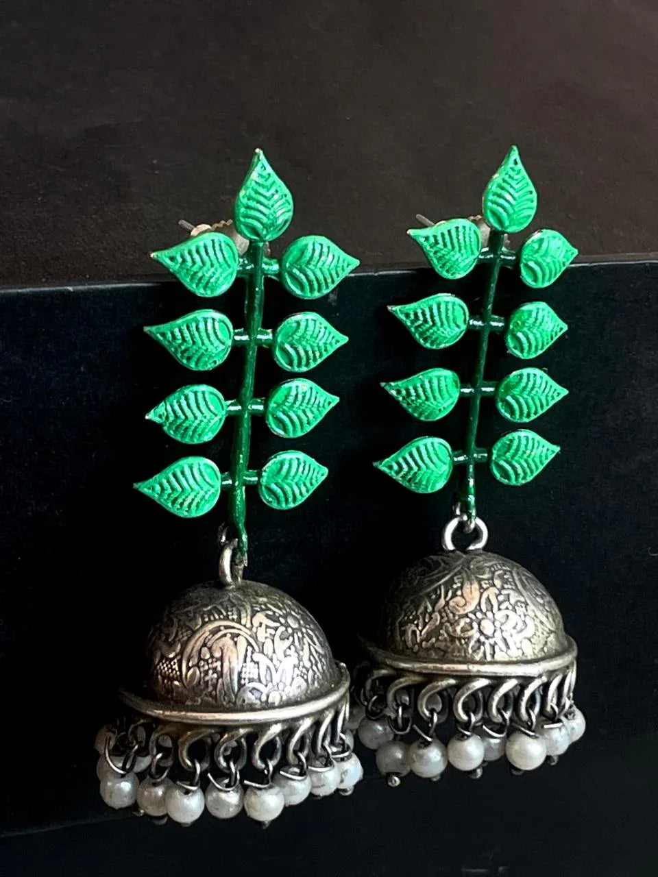 Hand Painted Multi Leaf Top with Black Polish Antique Look Jhumka Earring
