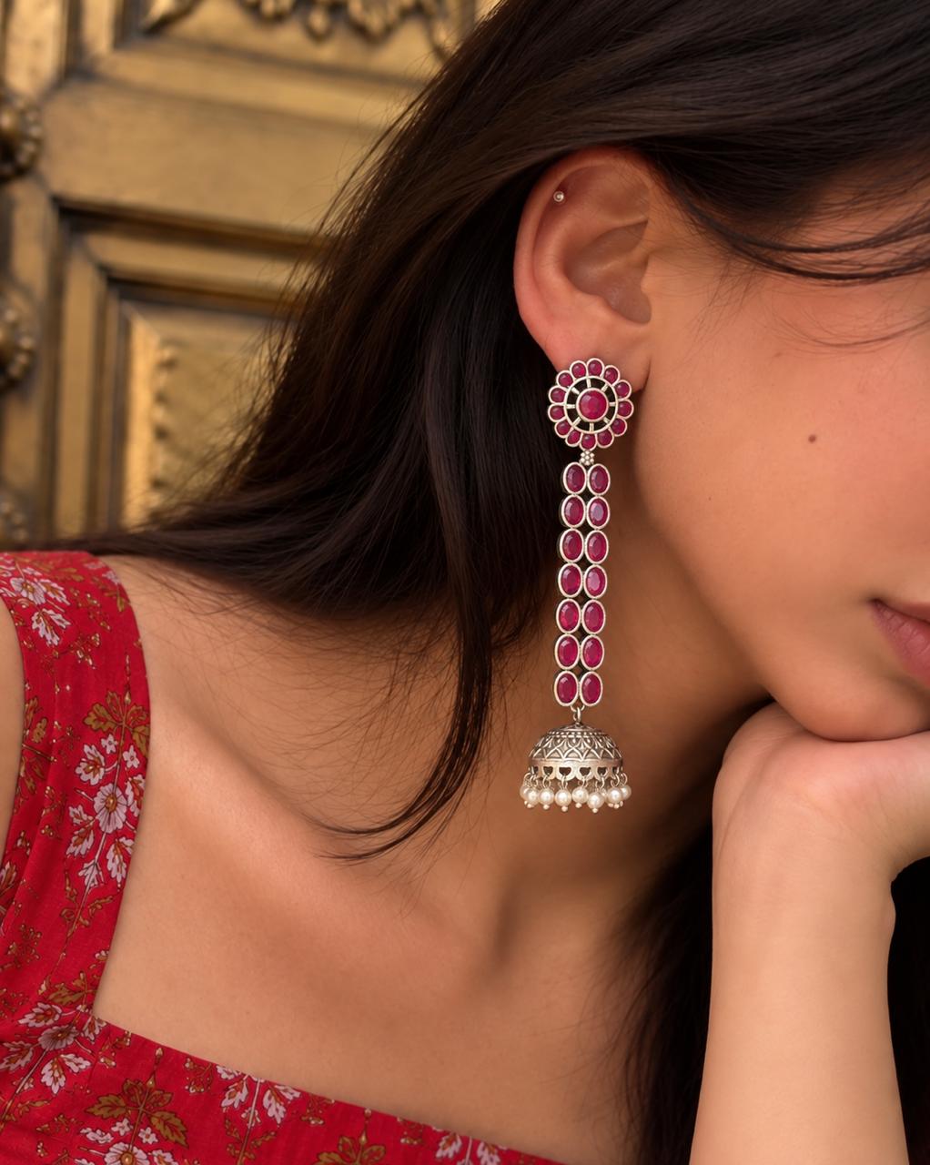 Monalisa Stone Long Partywear Silver Replica Earring