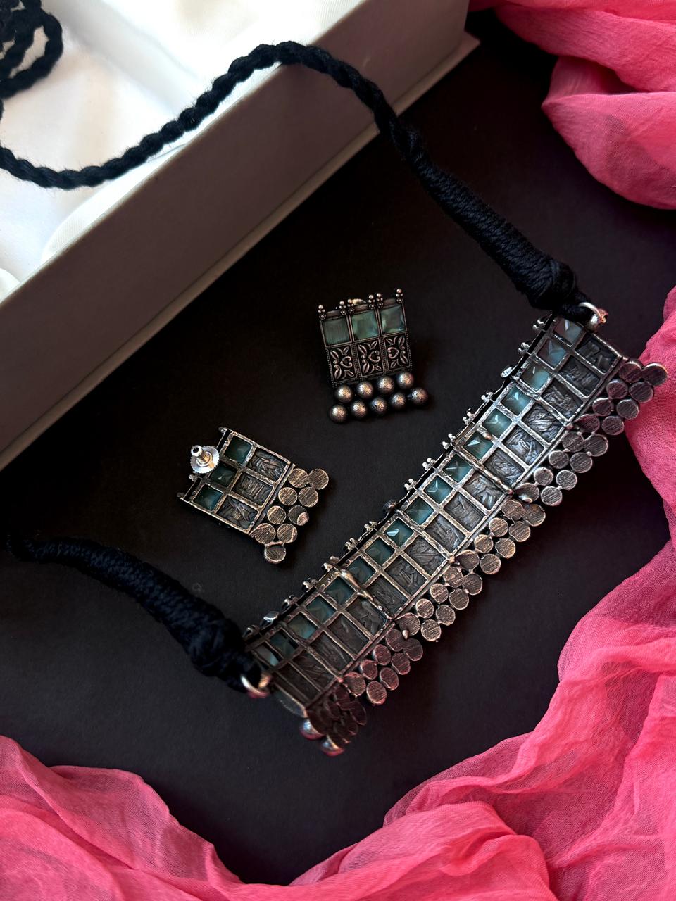 Monalisa Stone Black Polish Partywear Oxidized Choker with Earring set