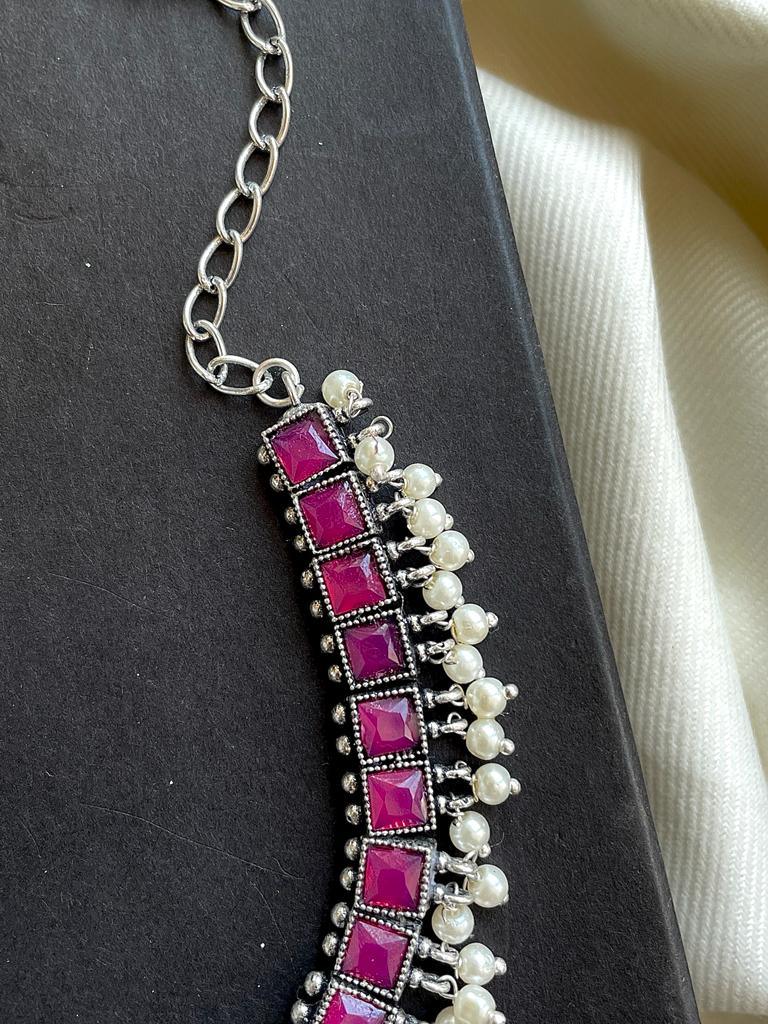 Oxidized Chocker with Earring set in Semi Precious stones