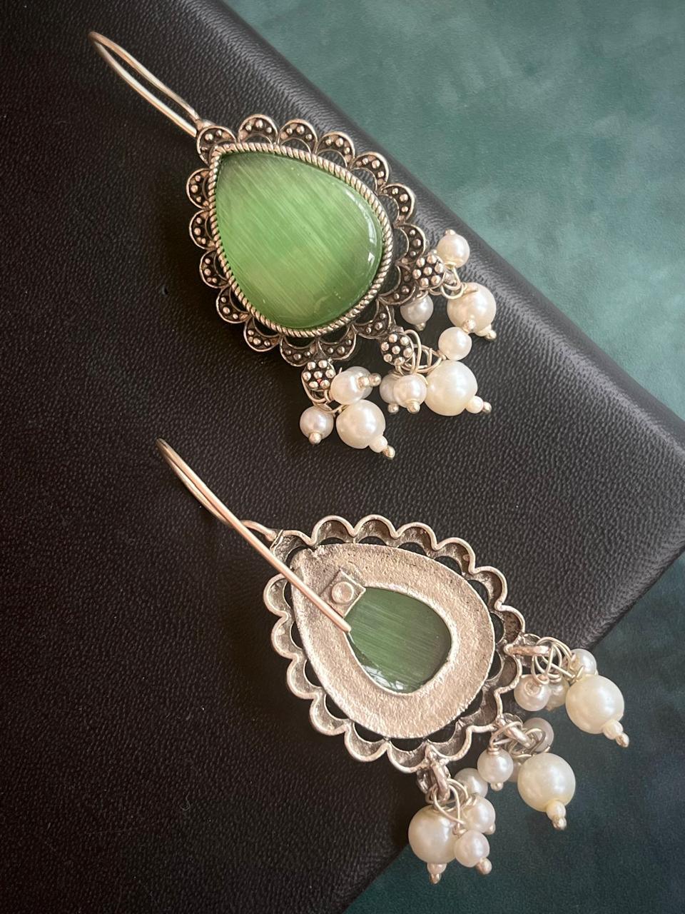 Big Monalisa Stone Beaded Silver Replica Earring