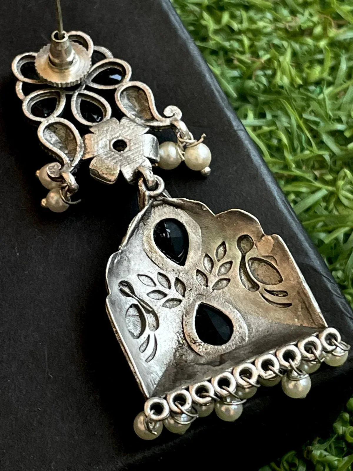 Ethnic Party wear Oxidized Drop earring with stone and beads