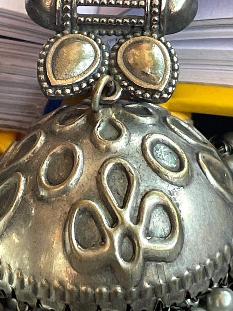 Silver Replica Big Dome Shape Jhumka with Semi precious stones