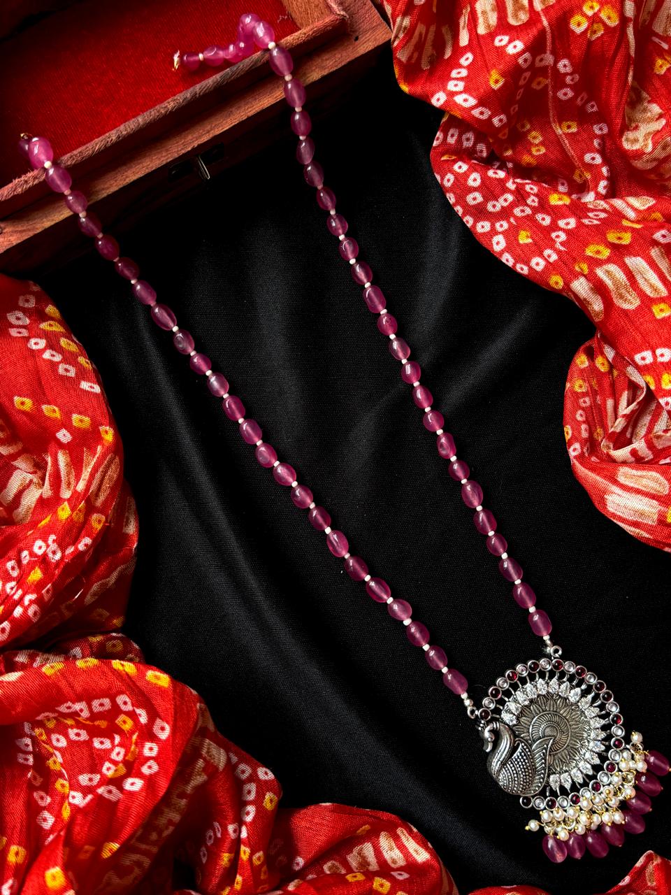 AD stone Oxidized Pendant Stone Baeded Mala Necklace