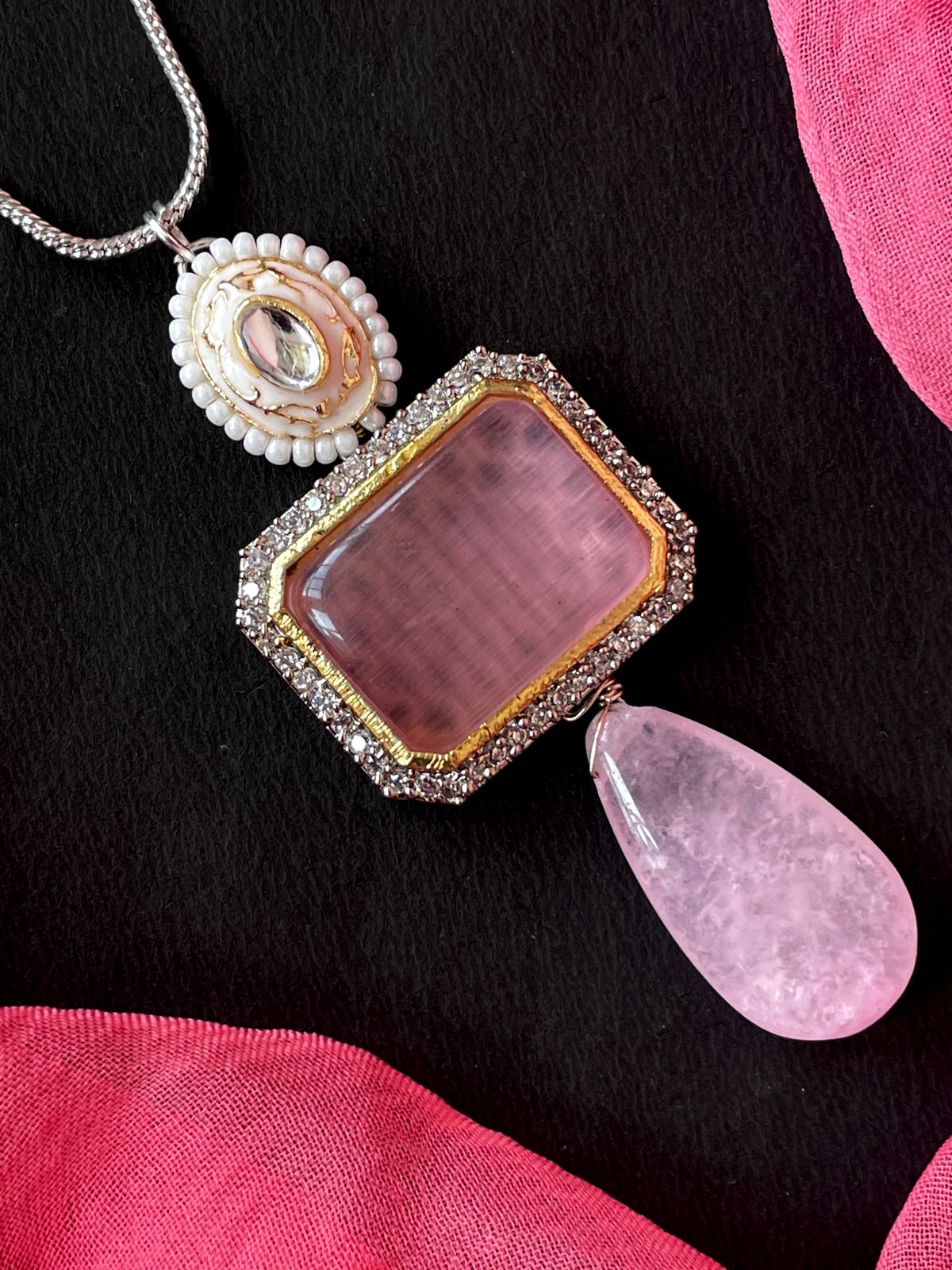 AD with Monalisa Jade Stone Meenkari Pendant Chain Necklace