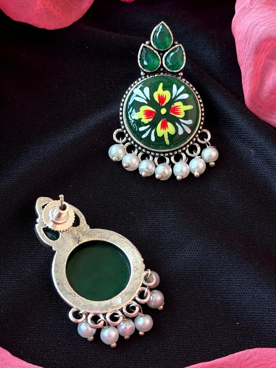 Monalisa Stone Hand Paited Beaded Round Earring