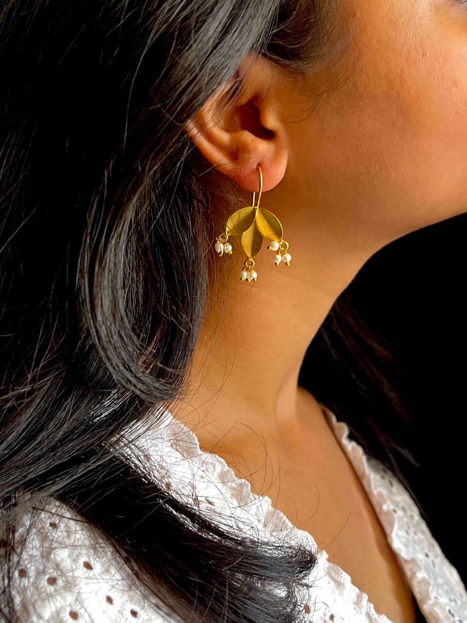 Three Leaf Golden Beaded Stud Earring
