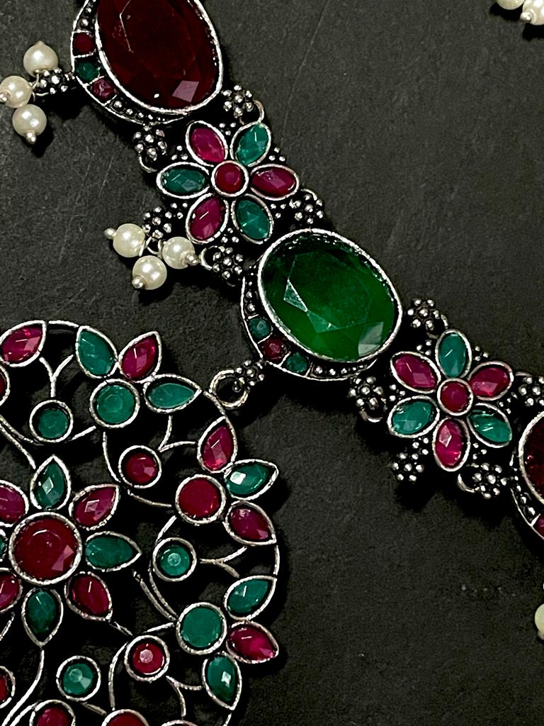 Oxidized Choker with Earring set with Heavy Stone work