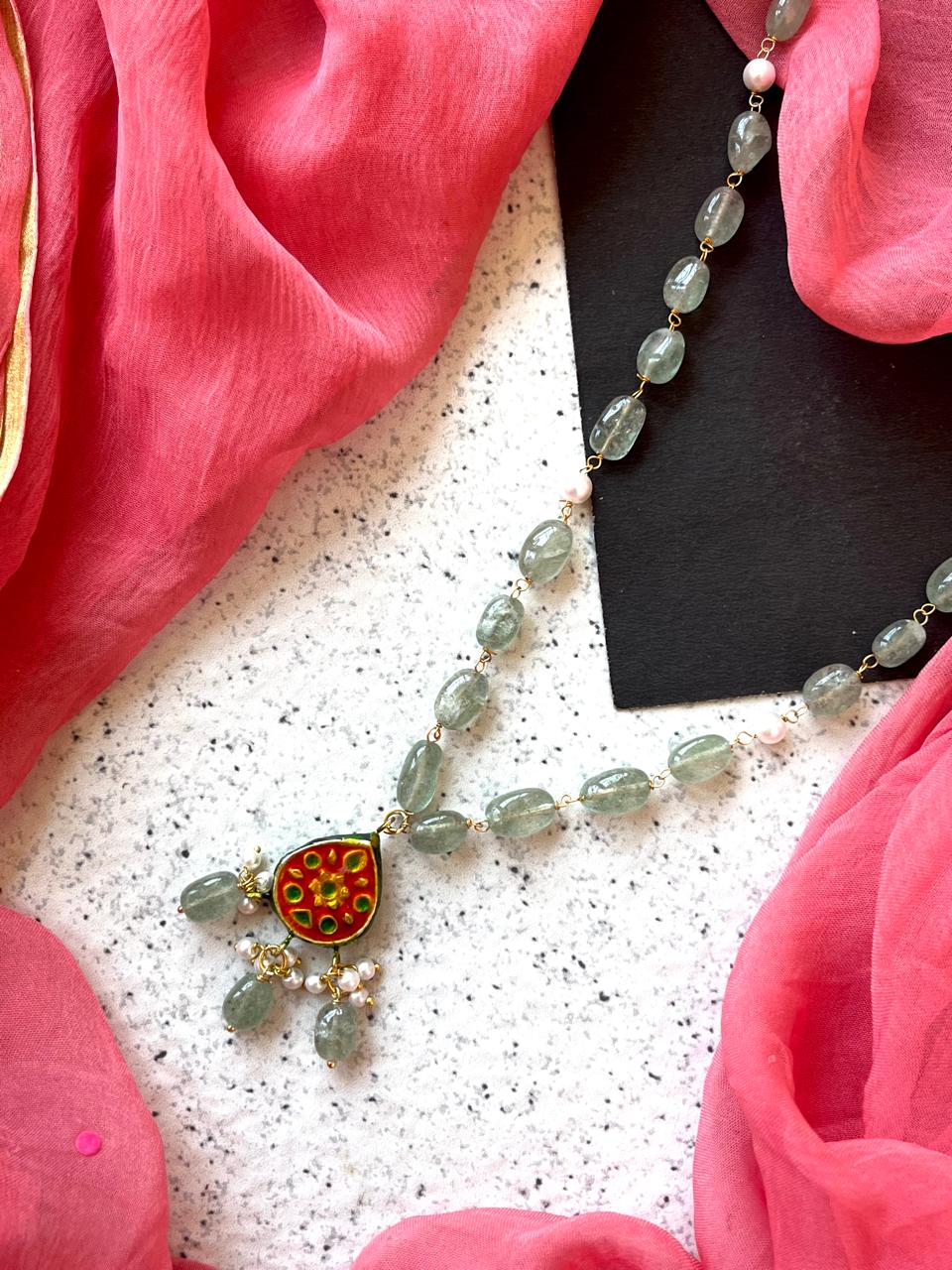 Lakh Pendant with Strawberry Stone Beads Mala Necklace