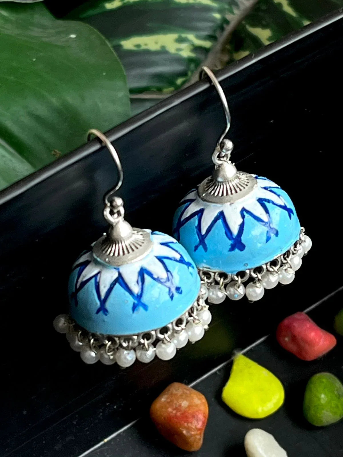 Hand Painted Silver Replica Jhumka Earring