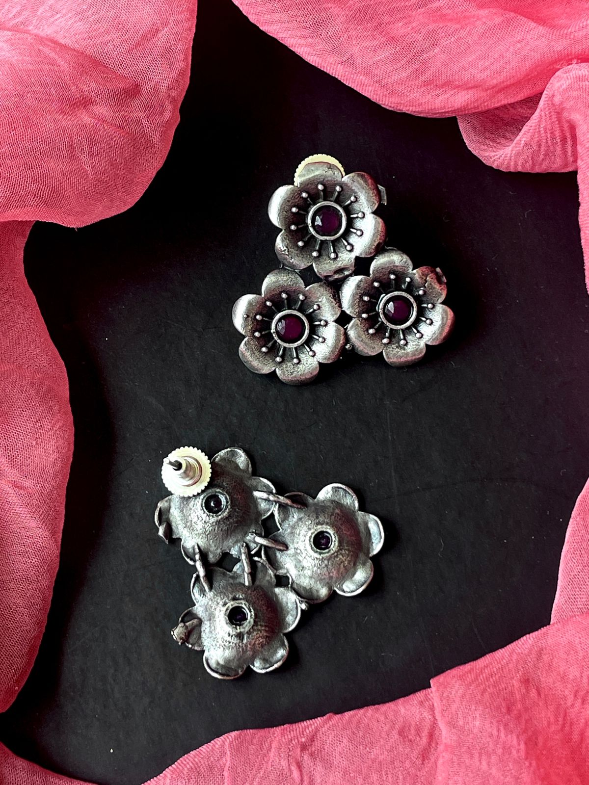 Black Polish Floral Oxidized Earring