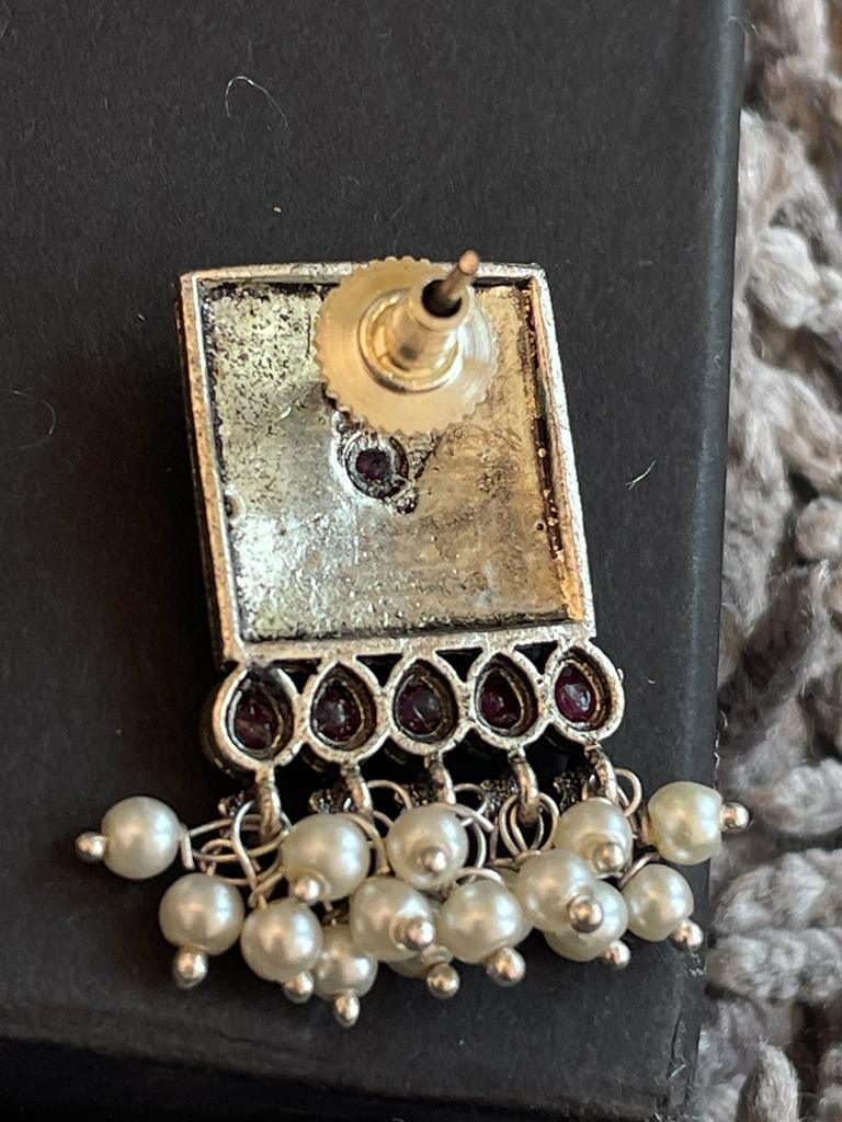 Oxidized Square small stud Earring with stone work