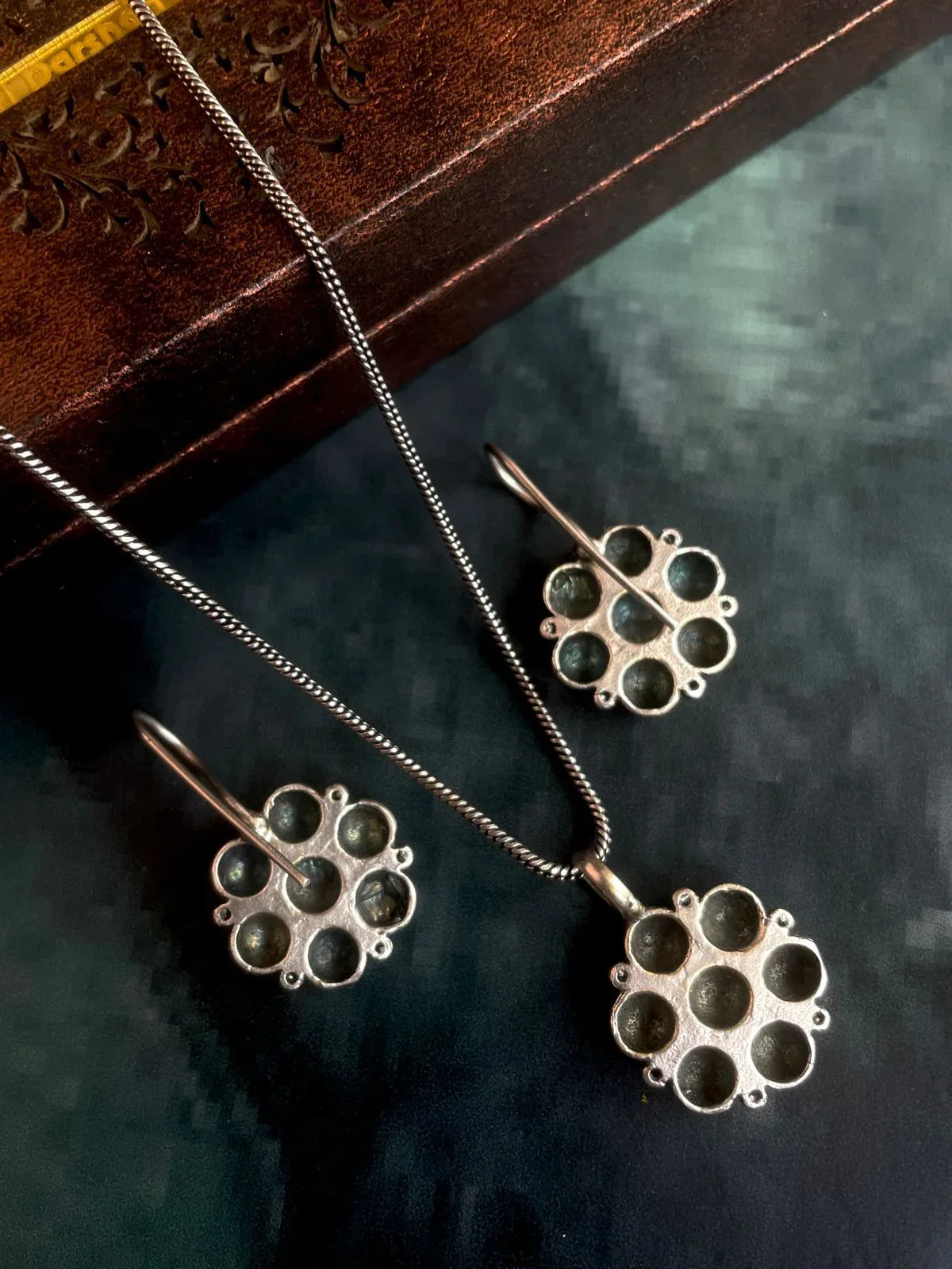 Flower Motid Pendant Oxidized Necklace with Earring set