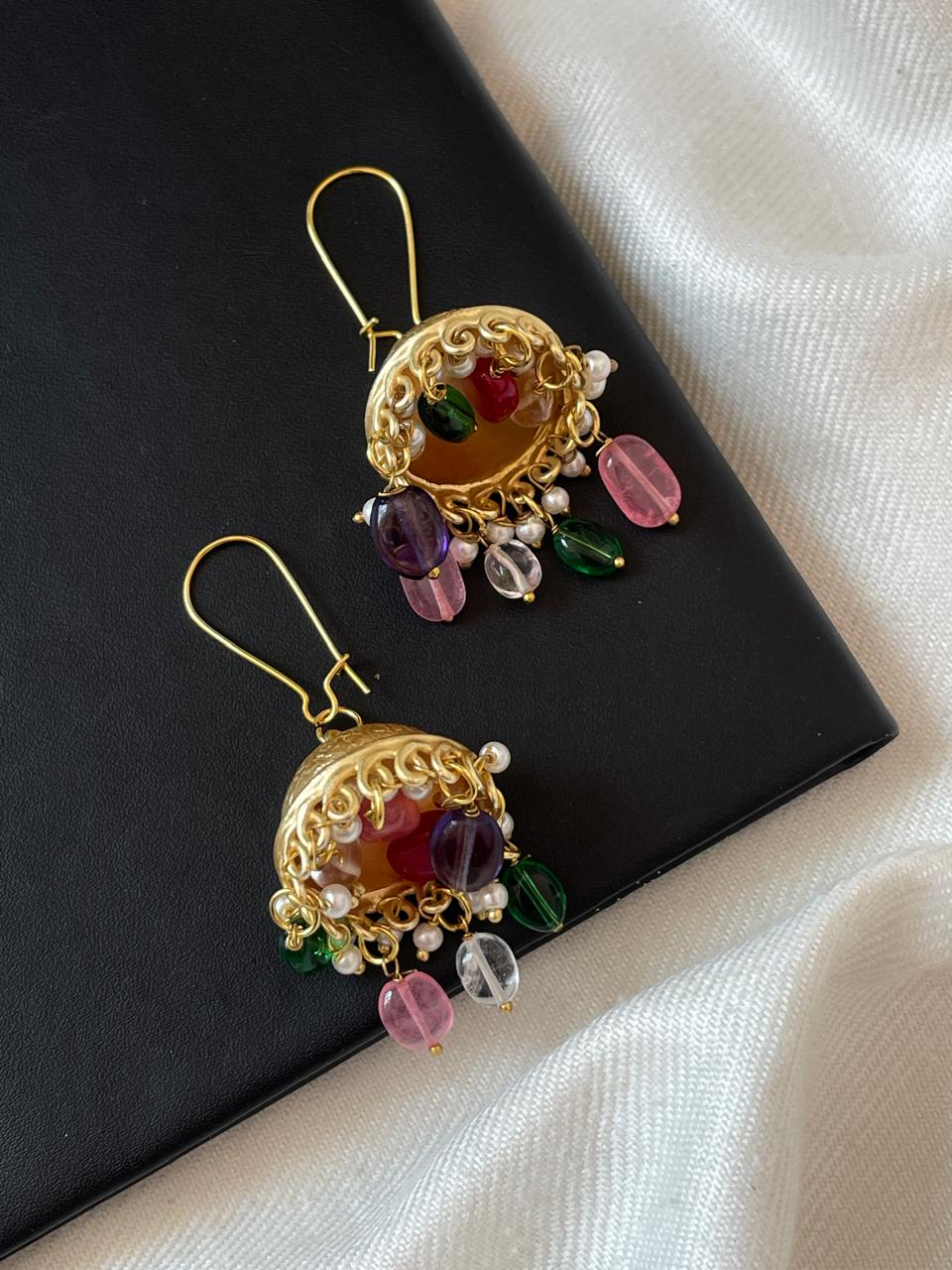 Glass Stone Beaded Golden Jhumki Earring