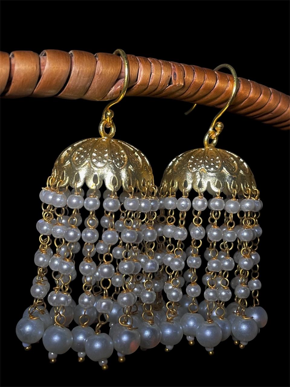 White Beaded Latkan Golden Jhumki Earring