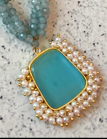 Monalisa Stone Beaded Pendant with Glass Beads Multi Layered Mala Necklace