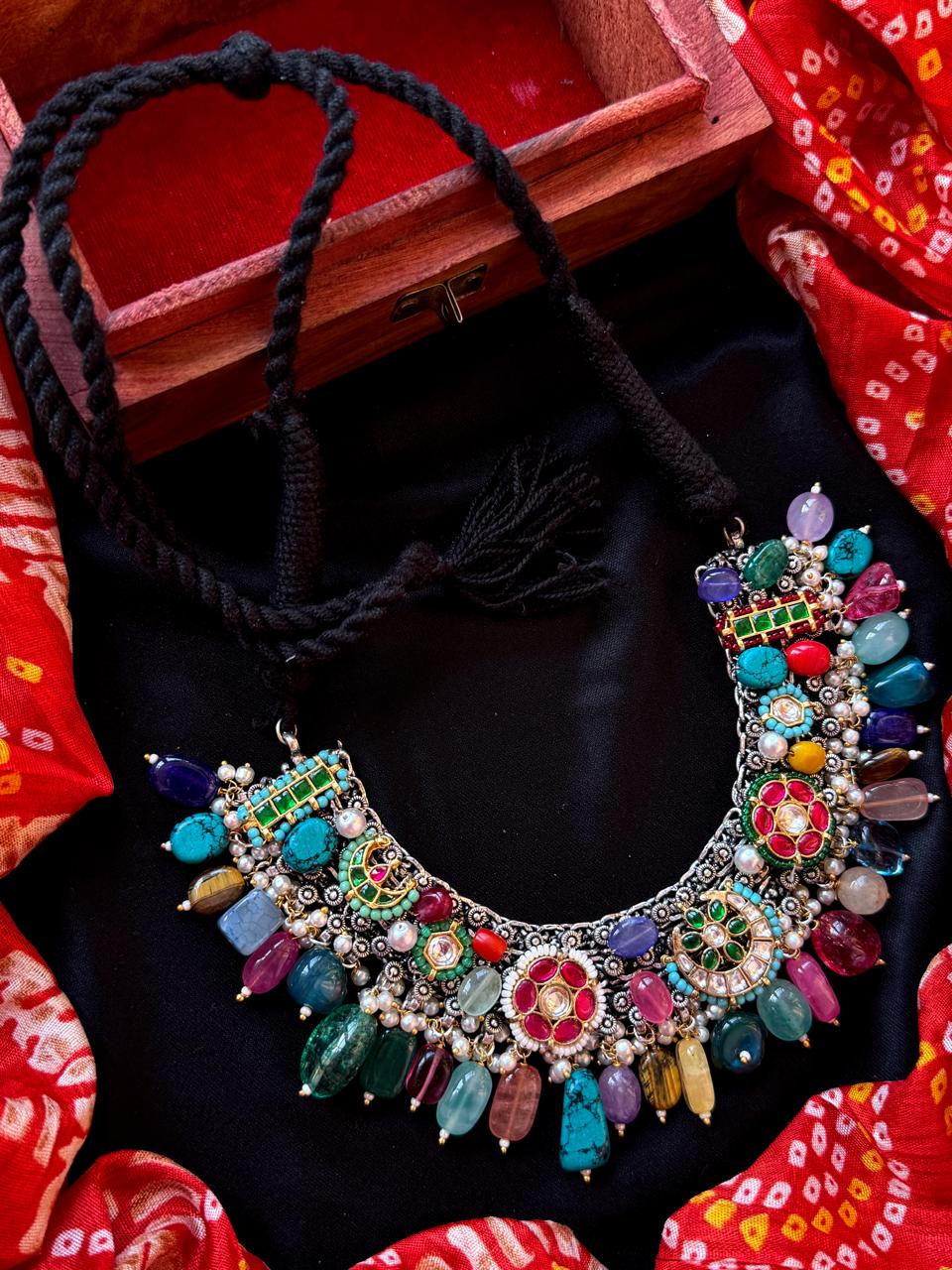 Pachi Kundan with Natural Stones Oxidized Choker Partywear Necklace