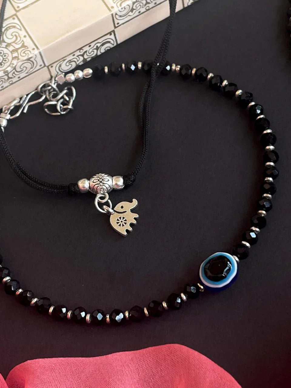 Set of 2 pairs of Crystal Beads and Oxidized Elephant and Evel Eye Anklets