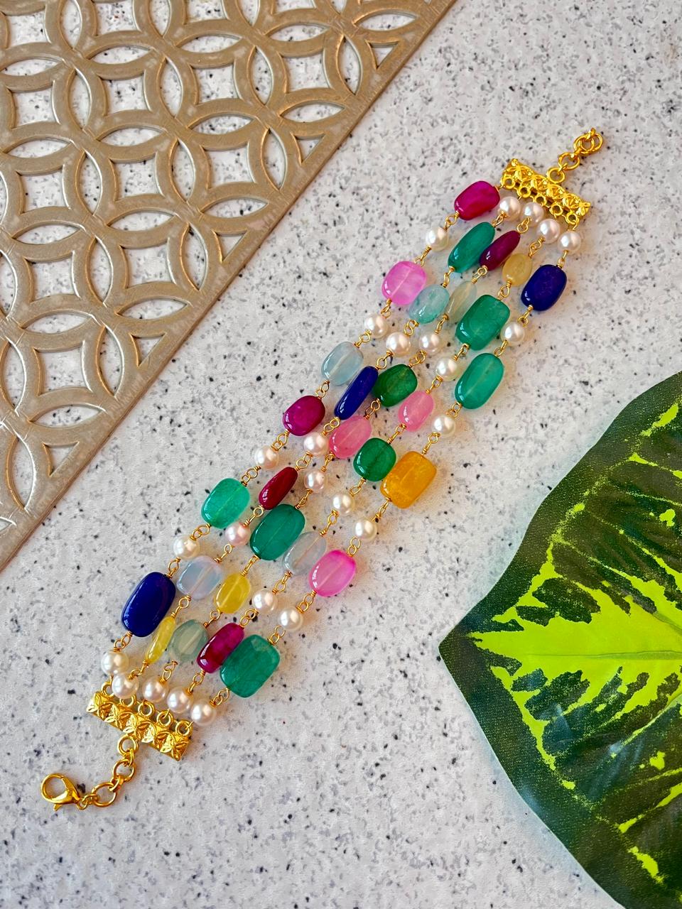 Natural Stone and Pearl Five Layered Bracelet