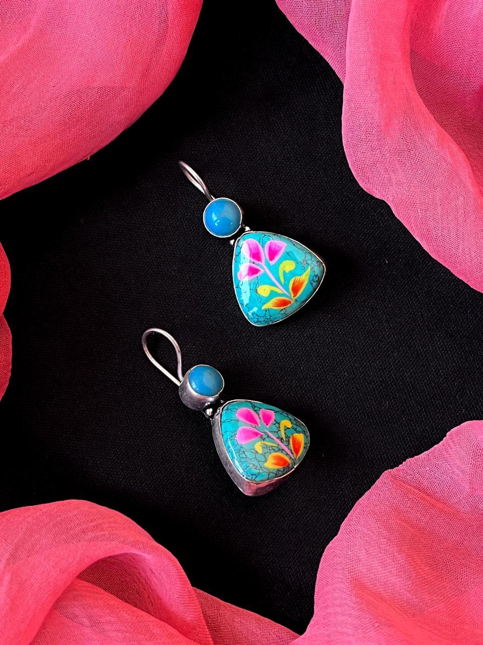 Hand Painted Monalisa Stone Silver Replica Earring