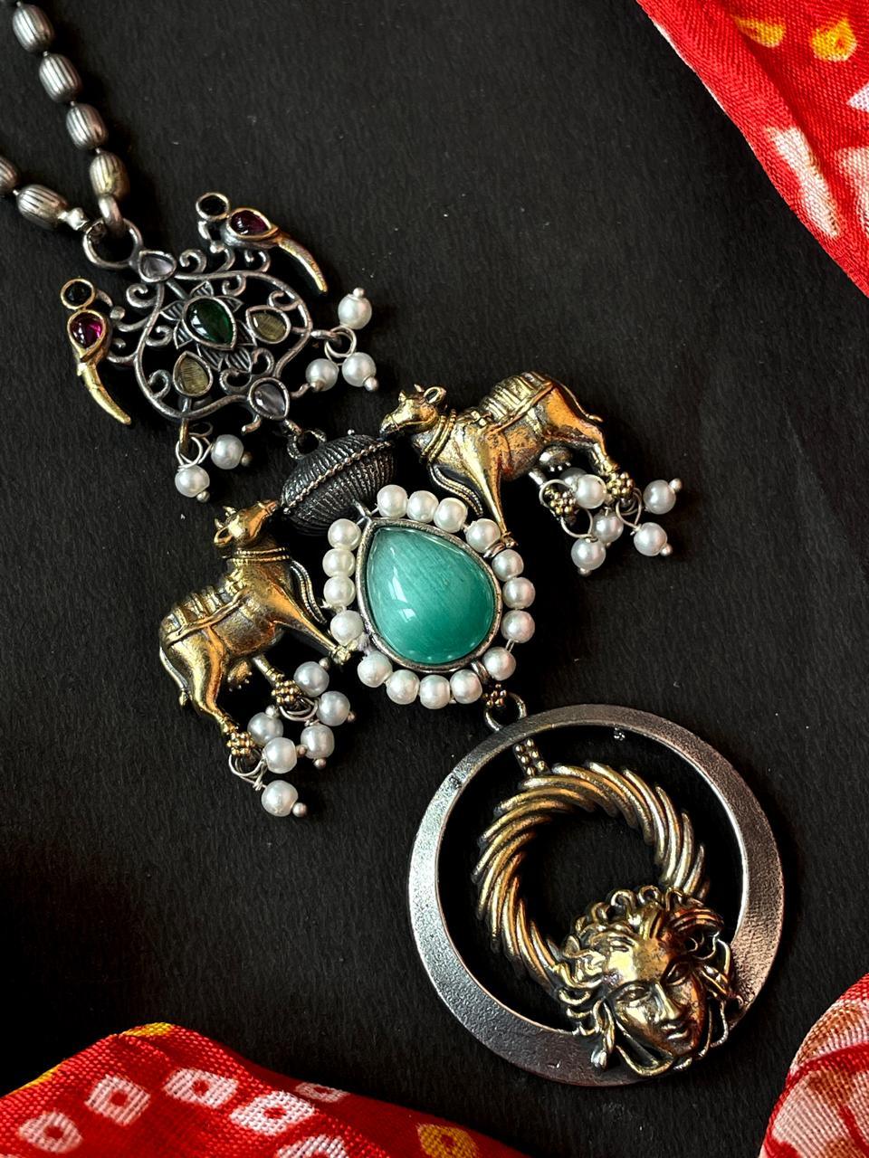 Monalisa Stone Dual Tone Beaded Pendant Chain Necklace