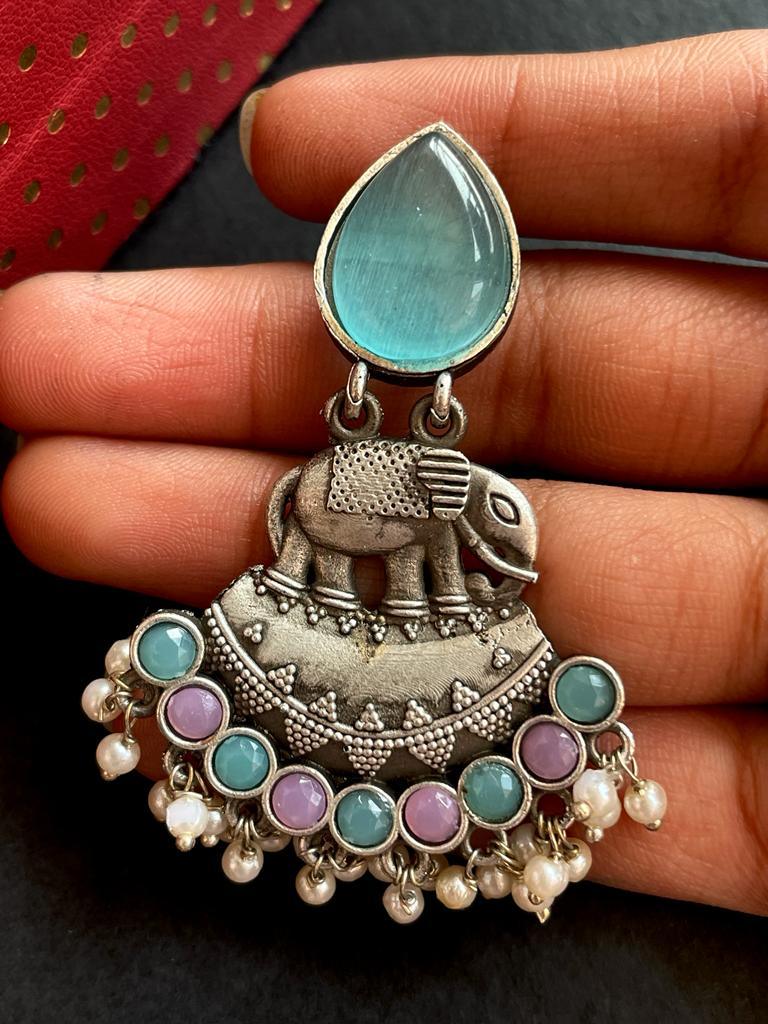 Monalisa Stone Silver Replica Elephant shape Oxidized Earring