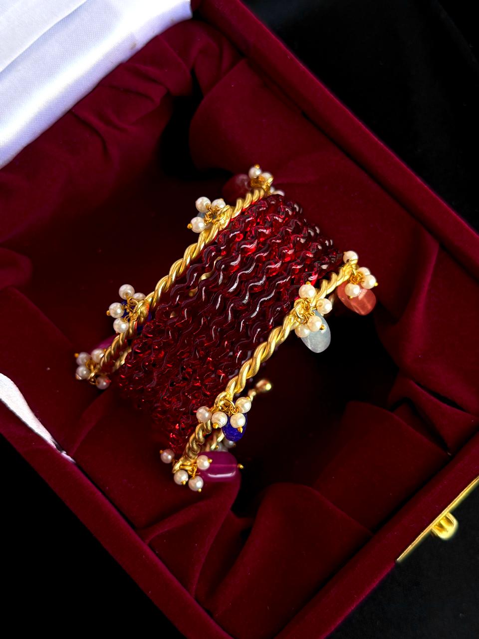 Glass Bangles with Metal Beaded Bangles Set