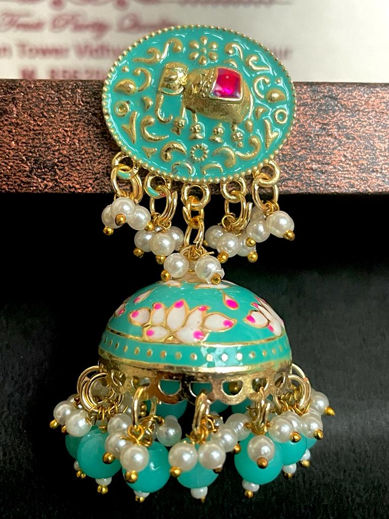 Elephant Top Meenakari Jhumka Earring