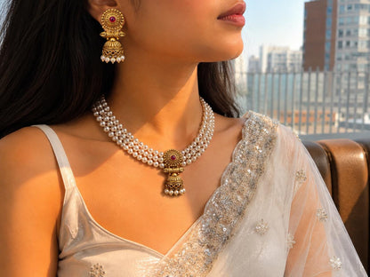 Golden Beaded Partywear Choker with Earring set