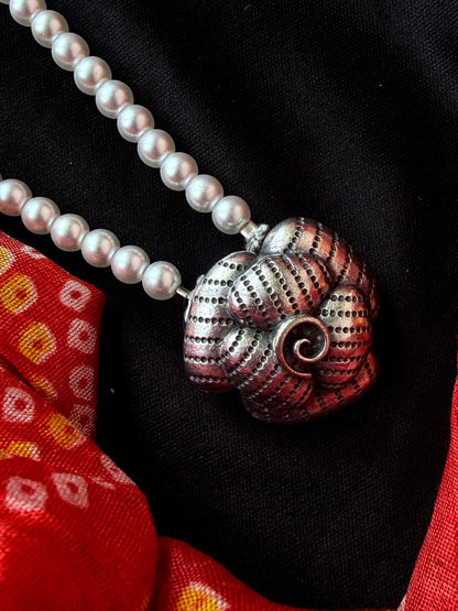 Oxidized Ganesha Pendant Pearl Mala Necklace