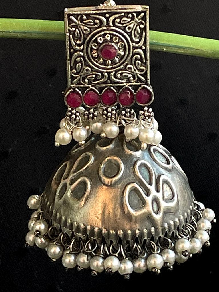 Oxidized Big Dome Square top Jhumka Earring with Beads