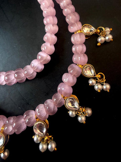 Monalisa Semi Precious Pumpkin Beaded Mala with Kundan and Earring Set