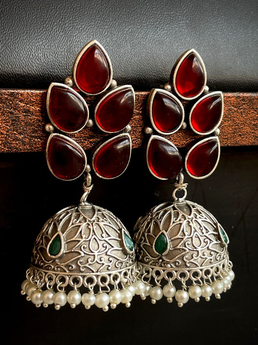 Natural Stone Top with Silver Replica Jhumka Earring