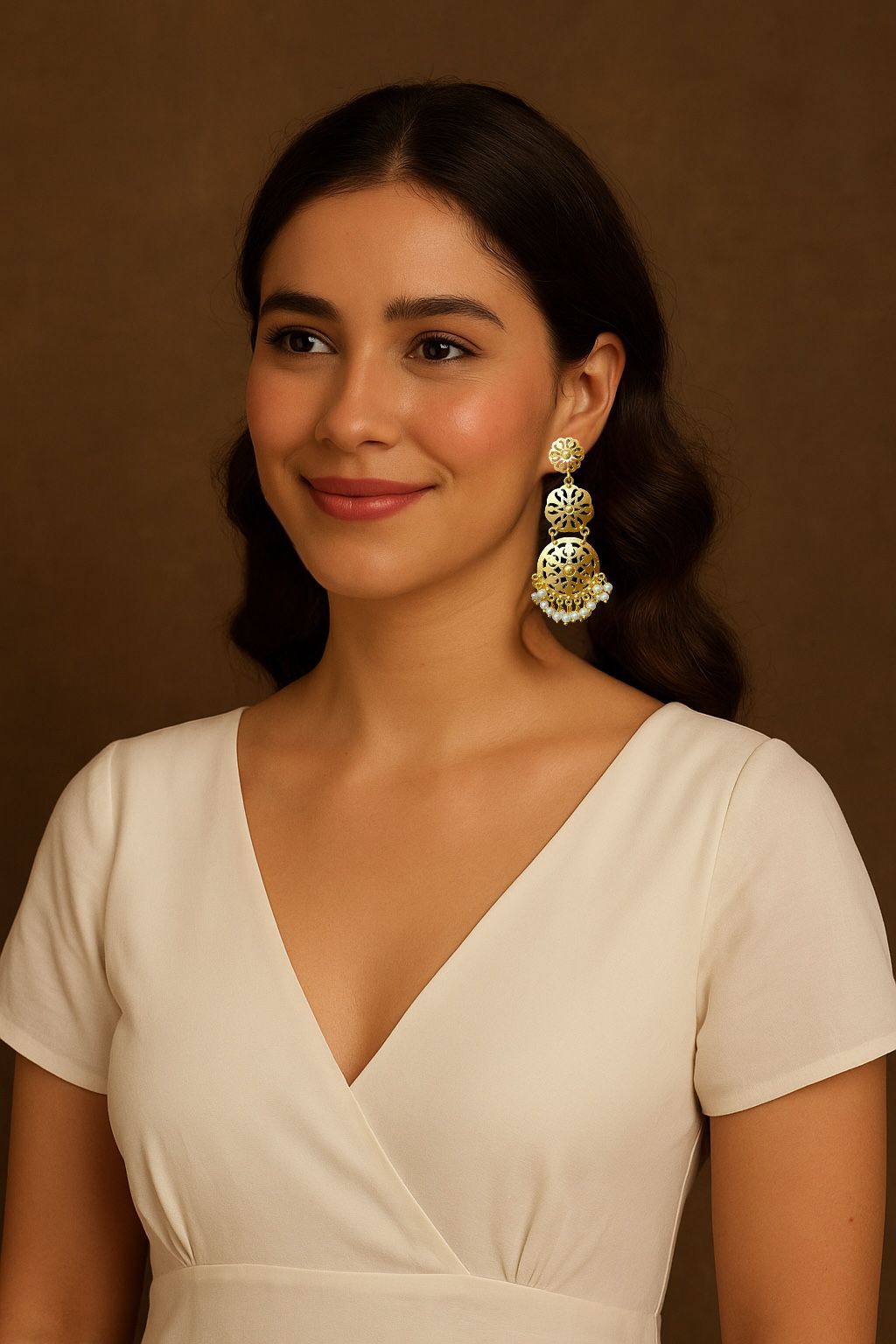 Golden Three Floral Beaded Earring