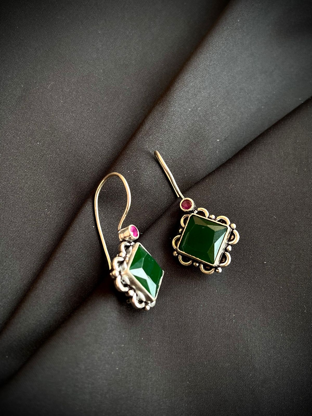 Green Square Cut Stone 92.5 Silver Earring
