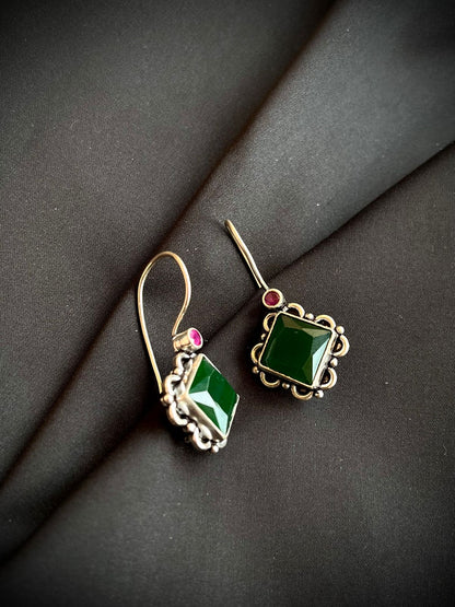 Green Square Cut Stone 92.5 Silver Earring