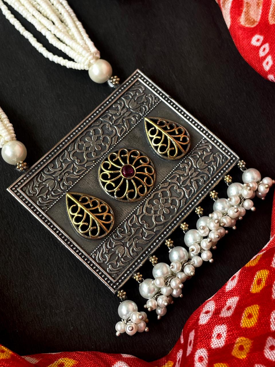 Oxidized Pendant Beaded Mala Necklace with Earring Set