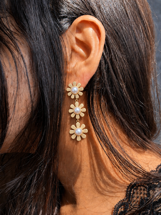 Pearl Golden Flower Earring