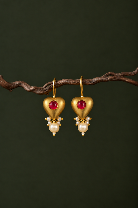 Monalisa Stone Heart Shape Golden Stud Pearl Earring