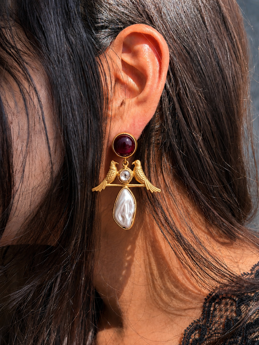 Monalisa Stone Shell Pearl Golden Bird Earring